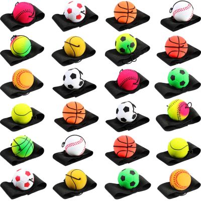 Skylety 24 Pcs Wrist Return Ball on a String 1.85'' Rebound Sport Ball with Elastic Strap and String, Basketball Baseball Soccer Tennis Wristband Toy for Teens Adults Gifts, Wrist Exercise or Play