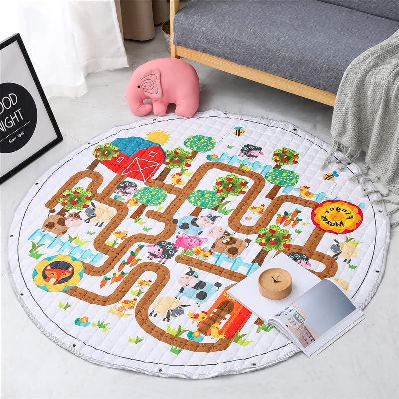 Iczodrow Cute Car Track Baby Crawling Rugs with Road Map for Bedroom, Drawstring Play Mat for Toddlers Toys and Picnic Mats (Pasture)