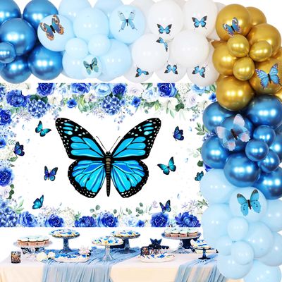 Fangleland Blue Butterfly Balloon Garland Arch Kit, Butterfly Flower Backdrop 3D Butterflies Wall Stickers Decorations for Girls Baby Shower Birthday Bachelorette Party Supplies