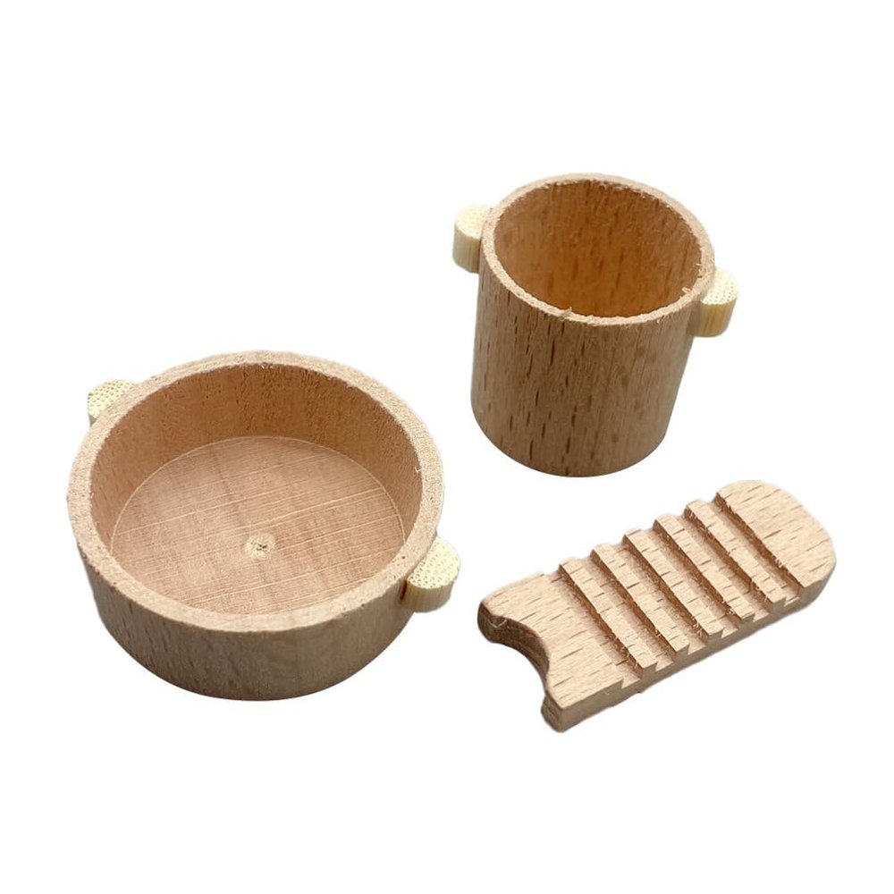ToysCentral Basics Dollhouse Miniature Laundry Basin Wash Board Bucket Set Mini Wood Washboard Tiny Water Barrel Doll Furniture Accessory for Mini House Decor