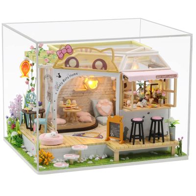 MAGQOO Dollhouse Miniature with Furniture DIY Wooden Dollhouse Kit Tiny House DIY House Kit Creative Room Idea Dust Proof Included (Cat Coffee Garden)