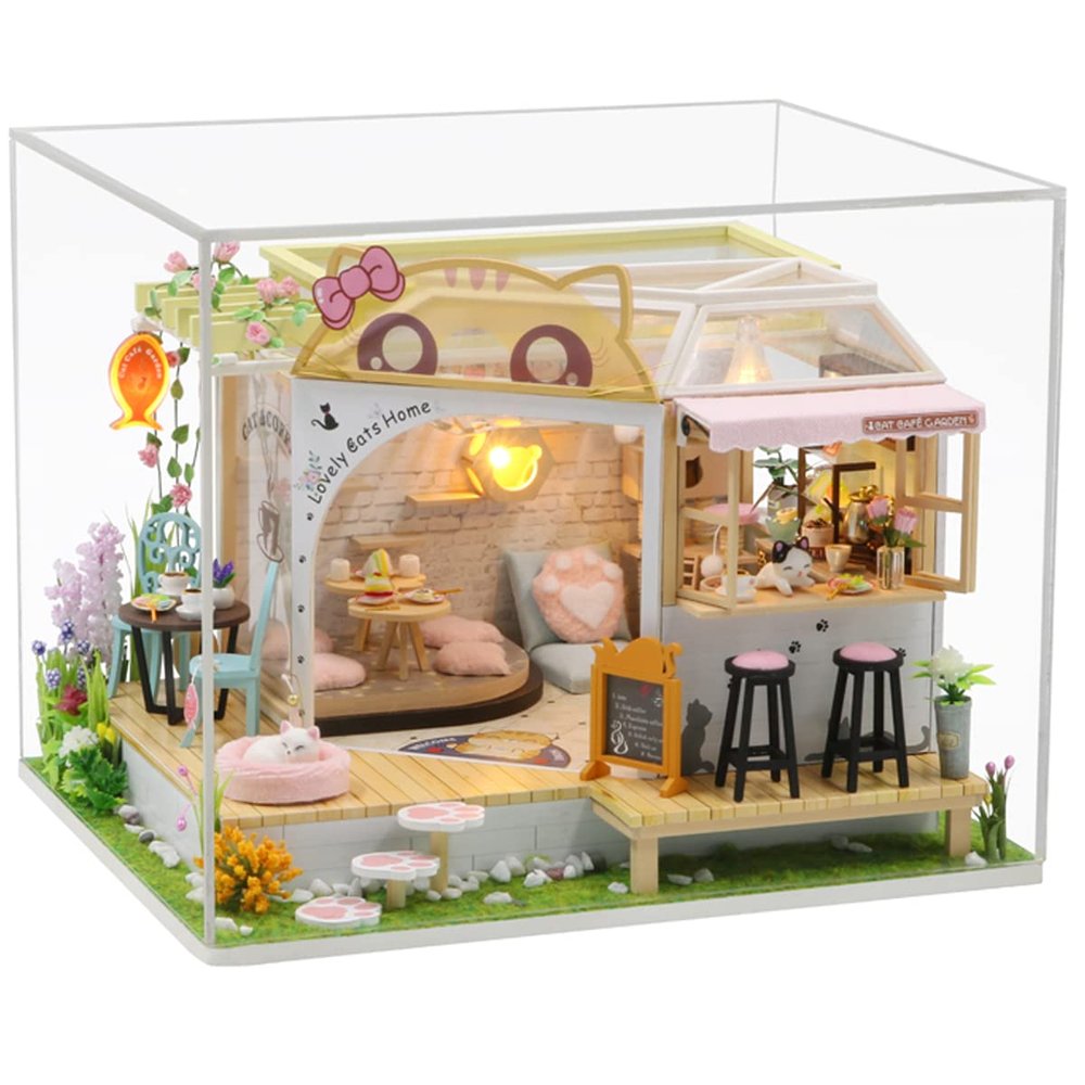 MAGQOO Dollhouse Miniature with Furniture DIY Wooden Dollhouse Kit Tiny House DIY House Kit Creative Room Idea Dust Proof Included (Cat Coffee Garden)