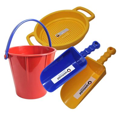 Spielstabil Sand Toys Bundle - Large Pail, Sieve and 2 Scoops (Colors Vary - Made in Germany)