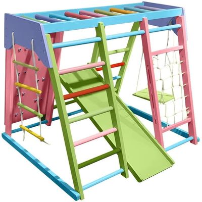 Avenlur Magnolia Indoor Playground 7-in-1 Jungle Gym Playset for Kids 2-6yrs - Slide, Climbing Wall, Rope Wall Climber, Monkey Bars, Swing - Waldorf and Montessori Style Wooden Climb Set.
