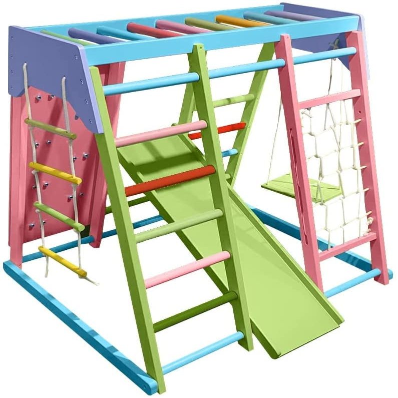 Avenlur Magnolia Indoor Playground 7-in-1 Jungle Gym Playset for Kids 2-6yrs - Slide, Climbing Wall, Rope Wall Climber, Monkey Bars, Swing - Waldorf and Montessori Style Wooden Climb Set.