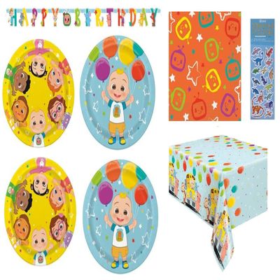 Cocomelon Birthday Party Supplies Bundle Pack includes 16 Dessert Plates, 16 Lunch Plates, 16 Napkins, 1 Table Cover, 1 Happy Birthday Banner, 1 Dinosaur Sticker Sheet (Bundle for 16)