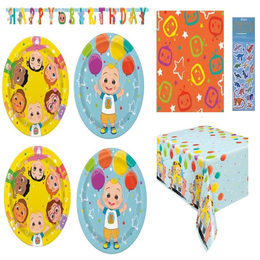 Cocomelon Birthday Party Supplies Bundle Pack includes 16 Dessert Plates, 16 Lunch Plates, 16 Napkins, 1 Table Cover, 1 Happy Birthday Banner, 1 Dinosaur Sticker Sheet (Bundle for 16)