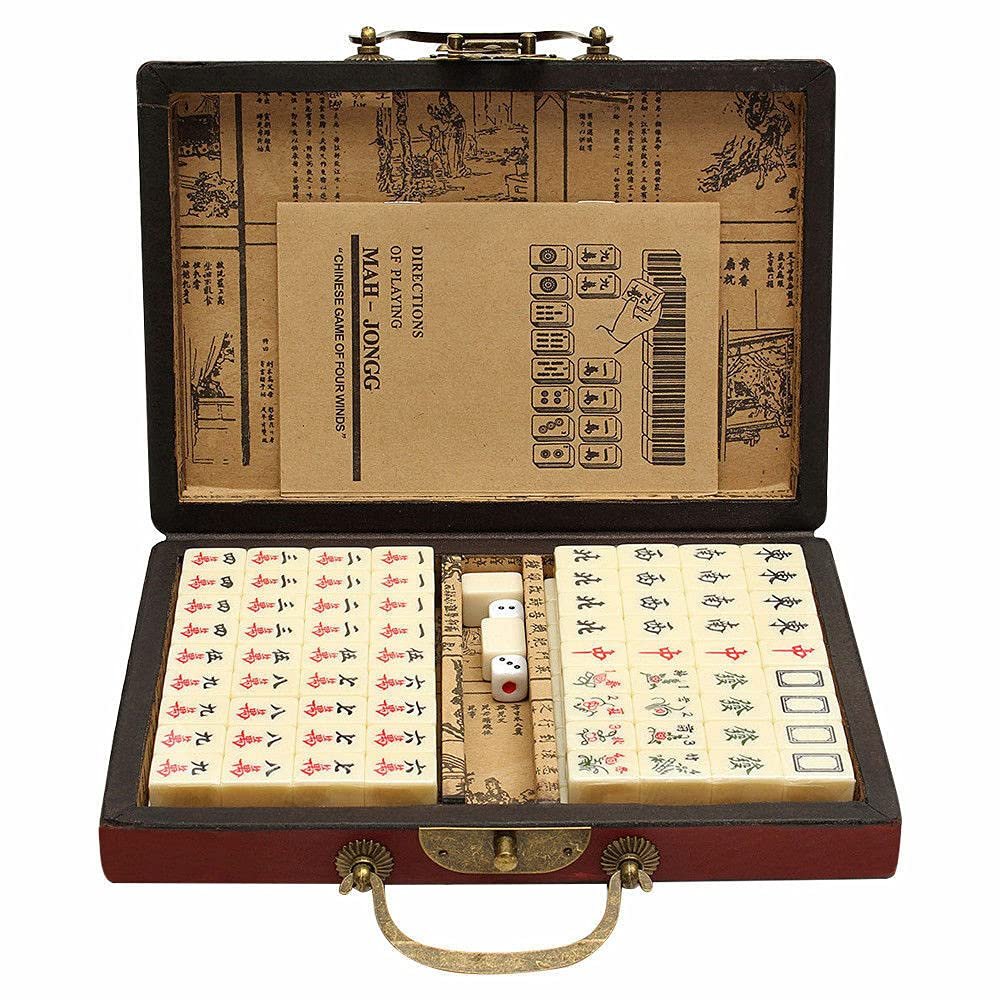 SLEE Portable Retro Mahjong Box Rare Chinese 144 Mah-Jong Set Bamboo Piece with Box