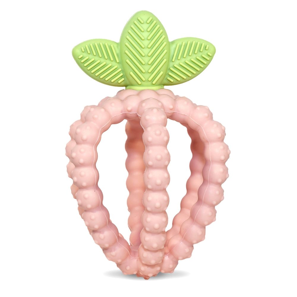 RaZbaby Bites Silicone Baby Teething Toy Sensory Toy with Textured BerryBumps for Teething Relief, Easy-to-Hold Fruit Shape, BPA-Free, Soothes Front & Back Teeth Gift for Babies, 3 Months+, Pink