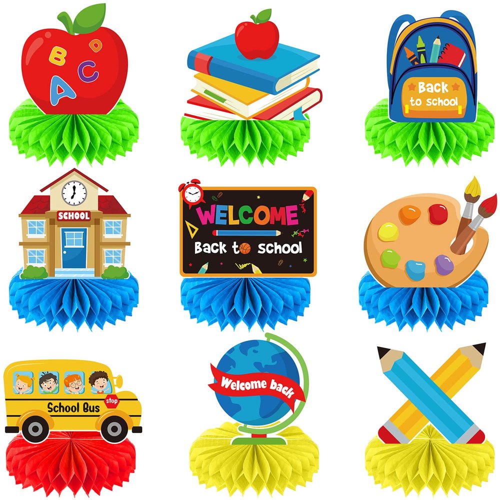 9 Pieces Back to School Party Table Decorations First Day of School Table Centerpieces School Bus Honeycomb Centerpiece Table Topper Welcome Back to School Party Supplies for Home Classroom Decoration