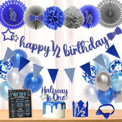 Hombae Half Birthday Decorations - Boy Supplies, Blue Glitter Banner, 1/2 Birthday Hat, Cake Topper, Fans & Pom Poms