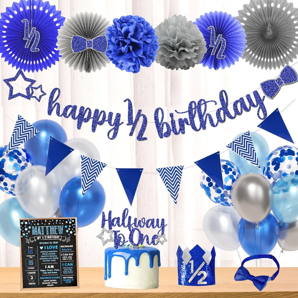 Hombae Half Birthday Decorations - Boy Supplies, Blue Glitter Banner, 1/2 Birthday Hat, Cake Topper, Fans & Pom Poms