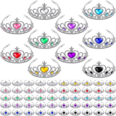 Bonuci 60 Pack Kids Tiara Crown Set Dress up Costume Party Accessories Princess Crown with Heart Stones Plastic Headband for Little Girls Women Toddler Birthday Valentine Favors