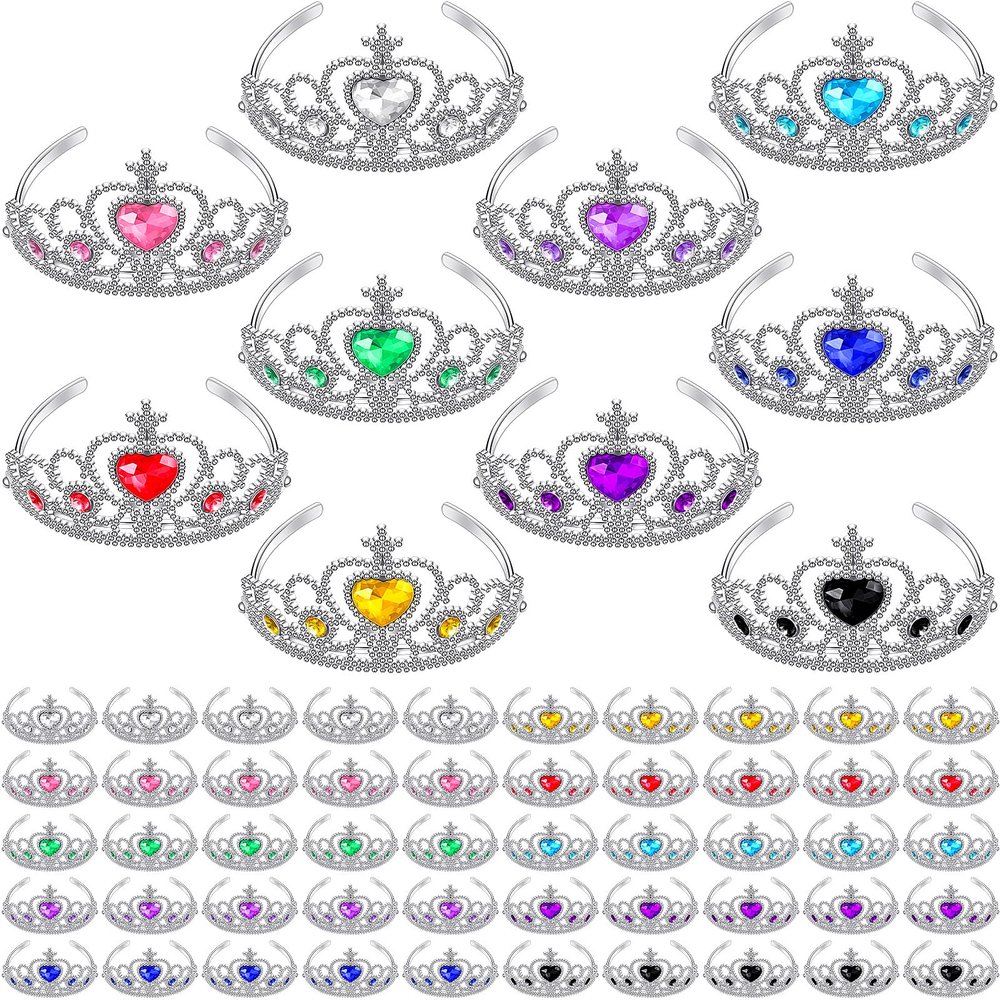 Bonuci 60 Pack Kids Tiara Crown Set Dress up Costume Party Accessories Princess Crown with Heart Stones Plastic Headband for Little Girls Women Toddler Birthday Valentine Favors