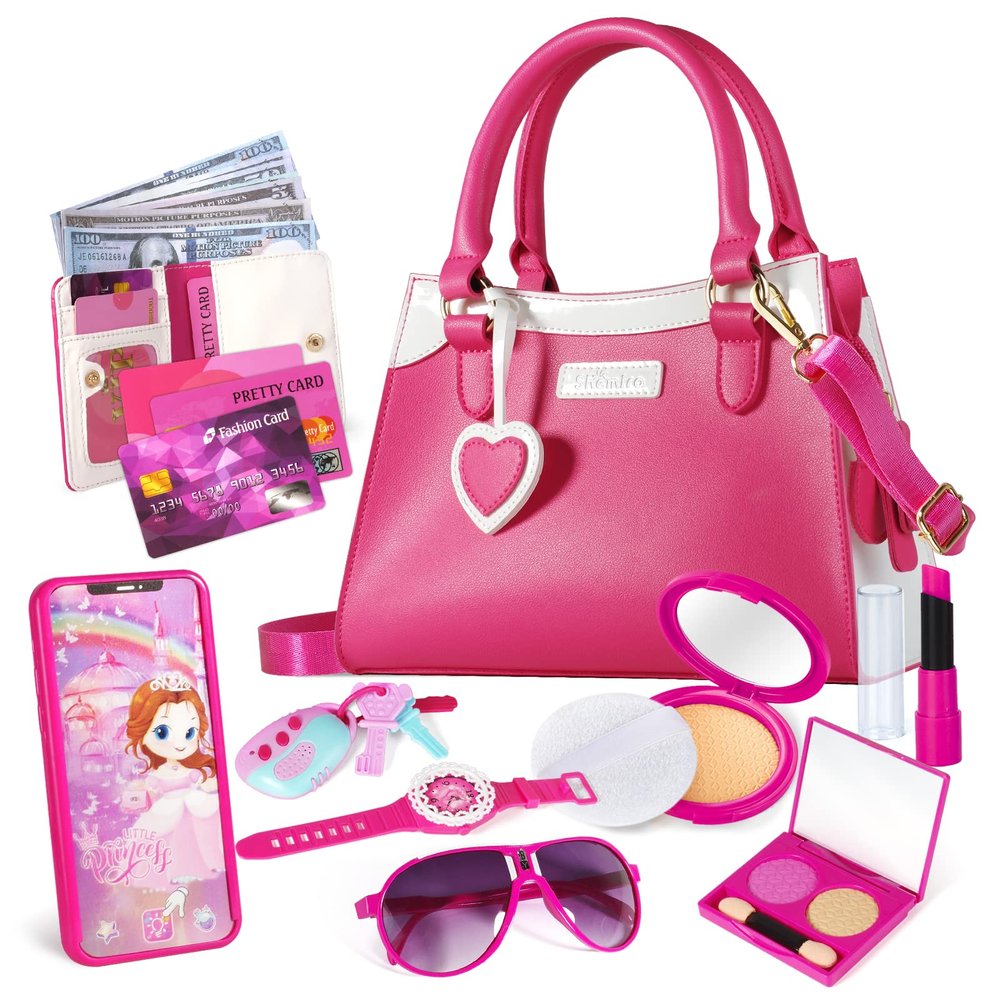 Shemira Play Purse for Little Girls, Princess Pretend Toys for Girls 3 4 5 6 7 8 Years Old, Christmas & Birthday Gift for Kids Age 3-5 4-6 6-8, Toddler Purse with Accessories, Kids Toy Purse,Pink