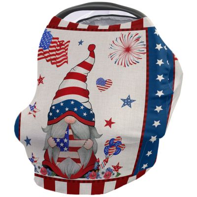 Baby Car Seat Covers, Independence Day USA Flag Gnome Linen Nursing Covers Breastfeeding Scarf, Soft Stretchy Carseat Canopy Cover Shopping Cart Cover Stroller Covers for Baby Girls Boys