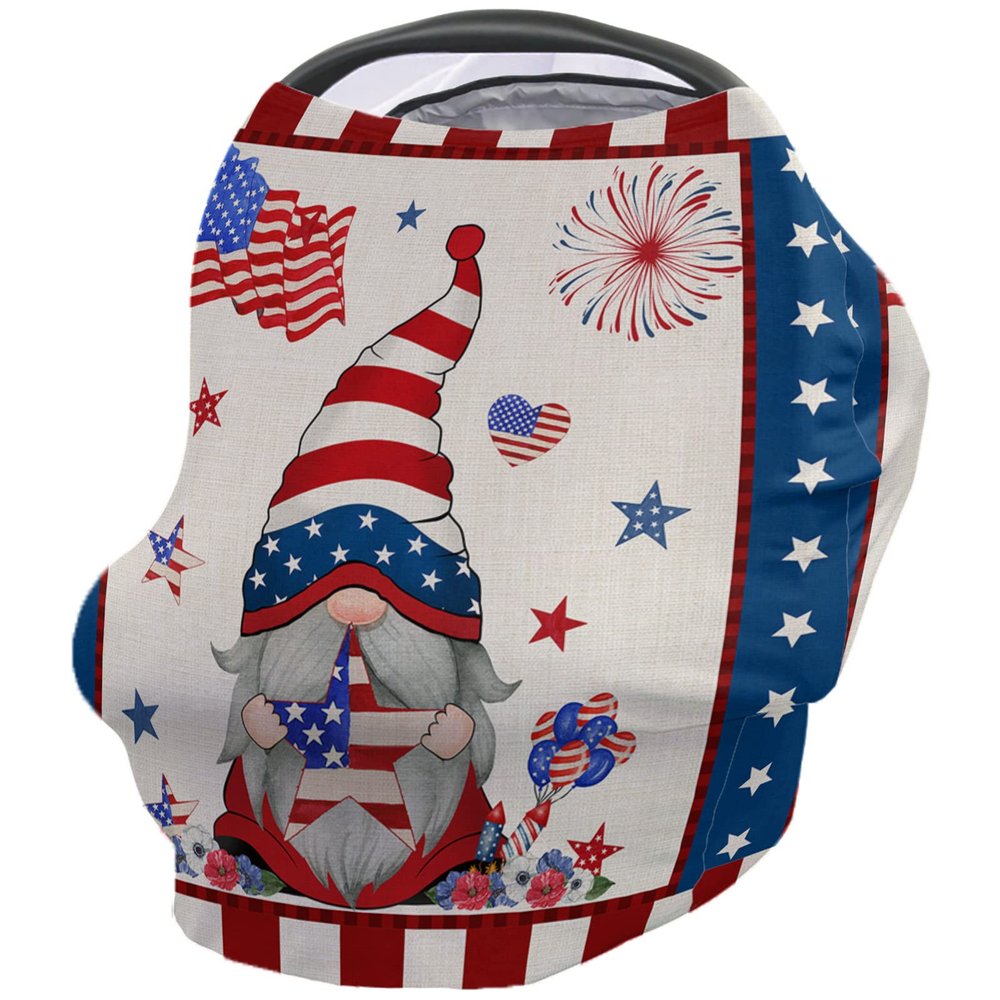Baby Car Seat Covers, Independence Day USA Flag Gnome Linen Nursing Covers Breastfeeding Scarf, Soft Stretchy Carseat Canopy Cover Shopping Cart Cover Stroller Covers for Baby Girls Boys