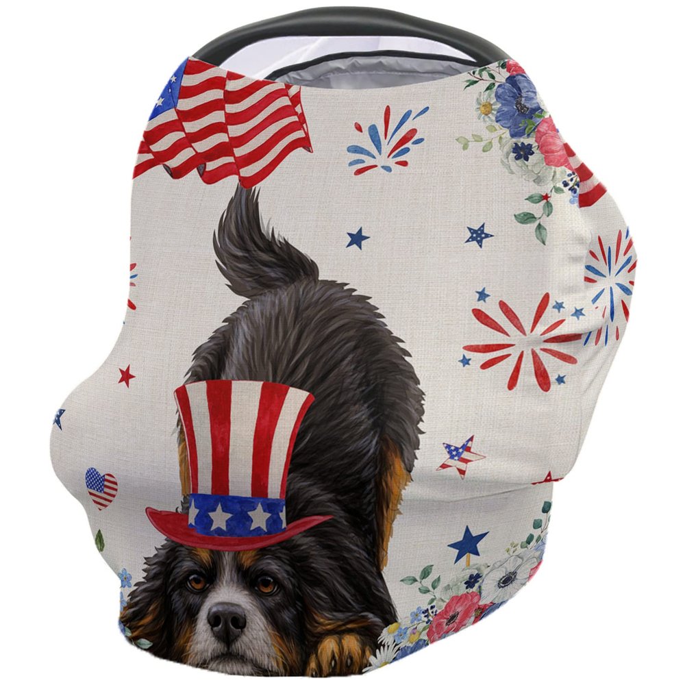 Baby Car Seat Covers, Independence Day USA Flag Dogs Poppies Linen Nursing Covers Breastfeeding Scarf, Soft Stretchy Carseat Canopy Cover Shopping Cart Cover Stroller Covers for Baby Girls Boys