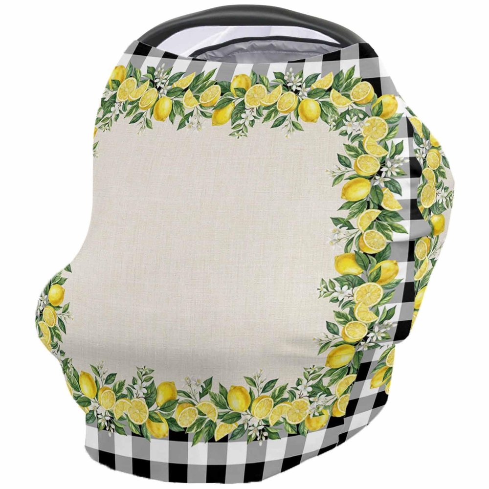 Baby Car Seat Covers, Summer Lemon Black White Buffalo Plaid Nursing Covers Breastfeeding Scarf, Soft Stretchy Carseat Canopy Cover Shopping Cart Cover Stroller Covers for Baby Girls Boys
