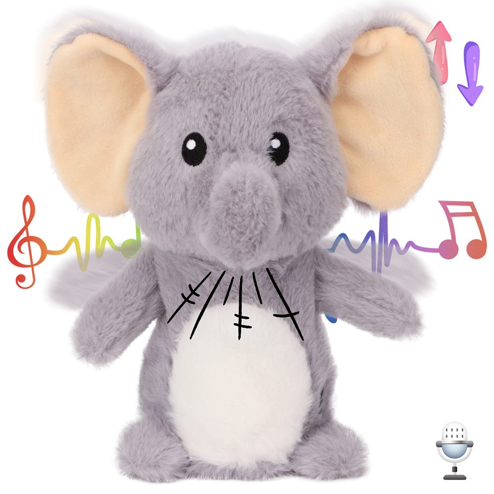Hopearl Talking Elephant Repeats What You Say Nodding Electric Interactive Animated Toy Speaking Plush Buddy Gift for Toddlers, Grey, 8''