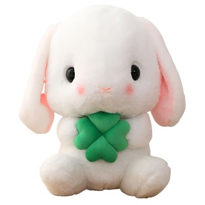 HOUPU Soft Toy - Sitting Lop Eared Rabbit, Easter White Rabbit Stuffed Bunny Animal with Carrot Soft Lovely Realistic Long-Eared Standing Pink Plush Toys (White-Four Leaf,25.5in/65cm)