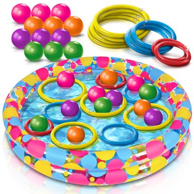Gamie Floating Ring Toss Game for Kids, Outdoor Carnival Game Set with Inflatable Pool, Floating Rings, and Colored Plastic Balls, Outdoor Games for Family and Backyard Parties