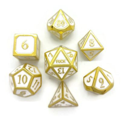 Metal D20 F Dice Critical Fail F 20 Sided Die Set DND Number Role Playing Game Dungeons and Dragons D&D Black Silver Red Blue Rainbow Gold Copper Purple Green Pink White (Full Set, White and Gold)
