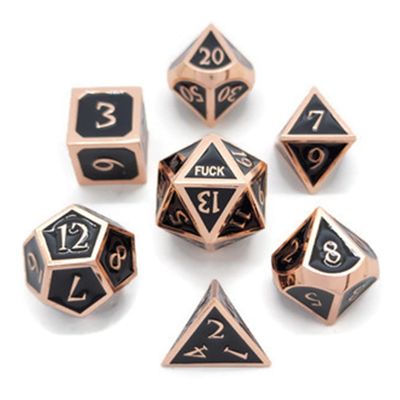 Metal D20 F Dice Critical Fail F 20 Sided Die Set DND Number Role Playing Game Dungeons and Dragons D&D Black Silver Red Blue Rainbow Gold Copper Purple Green Pink White (Full Set, Black and Copper)