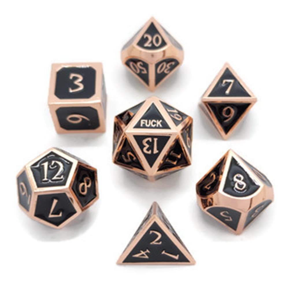 Metal D20 F Dice Critical Fail F 20 Sided Die Set DND Number Role Playing Game Dungeons and Dragons D&D Black Silver Red Blue Rainbow Gold Copper Purple Green Pink White (Full Set, Black and Copper)