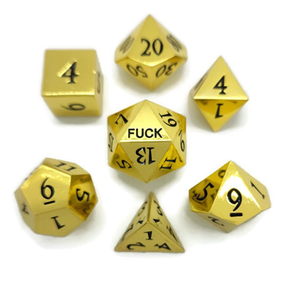 Metal D20 F Dice Critical Fail F 20 Sided Die Set DND Number Role Playing Game Dungeons and Dragons D&D Black Gunmetal Silver Red Blue Rainbow Gold Copper Purple Green Pink White (Full Set, Gold)