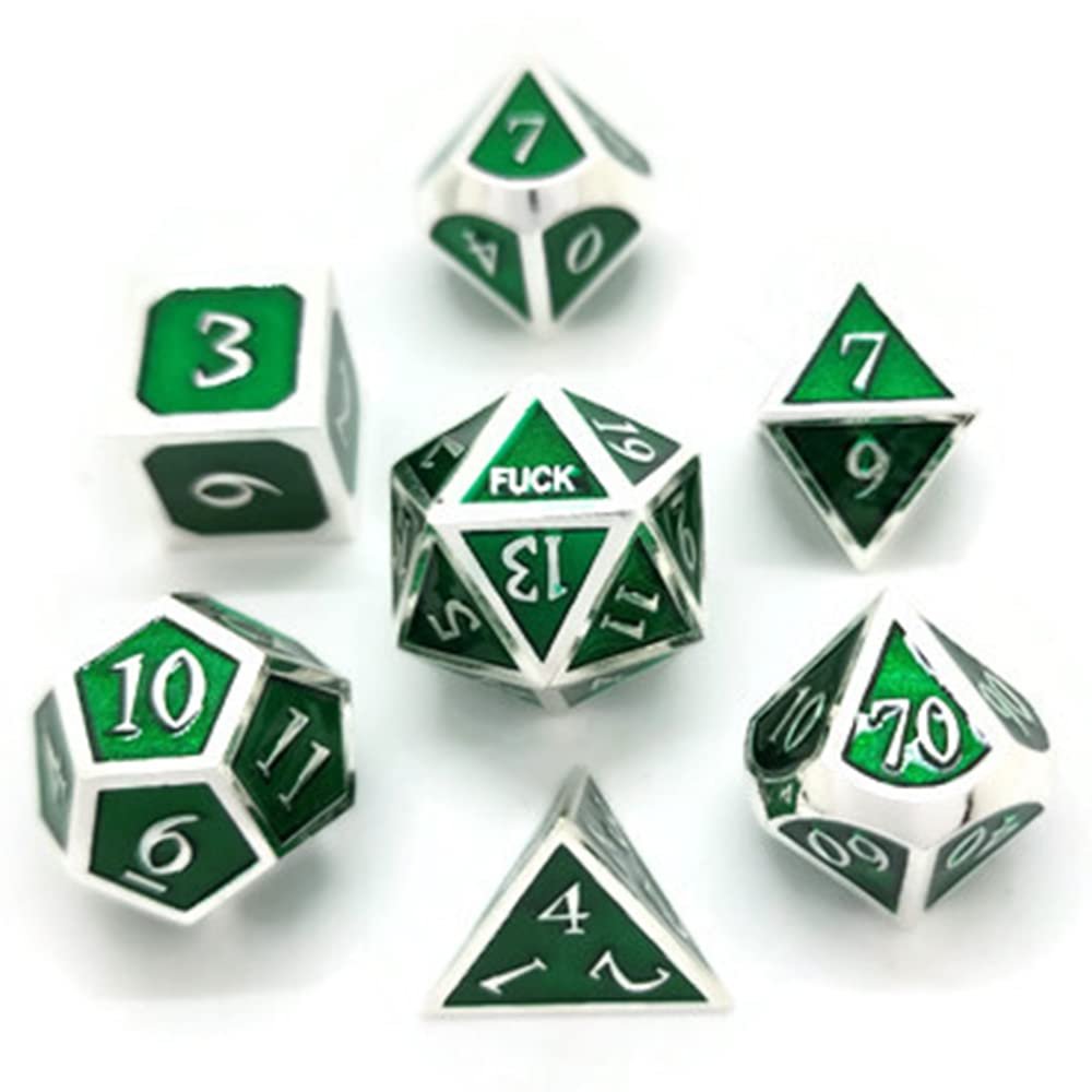 Metal D20 F Dice Critical Fail F 20 Sided Die Set DND Number Role Playing Game Dungeons and Dragons D&D Black Silver Red Blue Rainbow Gold Copper Purple Green Pink White (Full Set, Green and Silver)