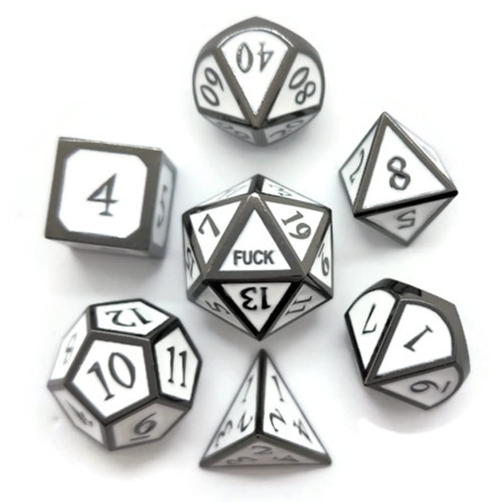 Metal D20 F Dice Critical Fail 20 Sided Die Set DND Number Role Playing Game Dungeons and Dragons D&D Black Silver Red Blue Rainbow Gold Copper Purple Green Pink White (Full Set, White and Black)