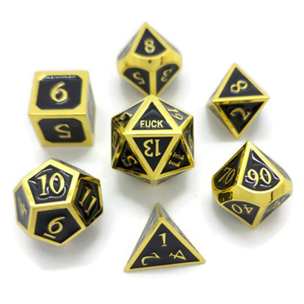 Metal D20 F Dice Critical Fail F 20 Sided Die Set DND Number Role Playing Game Dungeons and Dragons D&D Black Silver Red Blue Rainbow Gold Copper Purple Green Pink White (Full Set, Black and Gold)