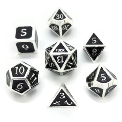 Metal D20 F Dice Critical Fail F 20 Sided Die Set DND Number Role Playing Game Dungeons and Dragons D&D Black Gunmetal Silver Red Blue Gold Copper Purple Green Pink White (Full Set, Black and Silver)