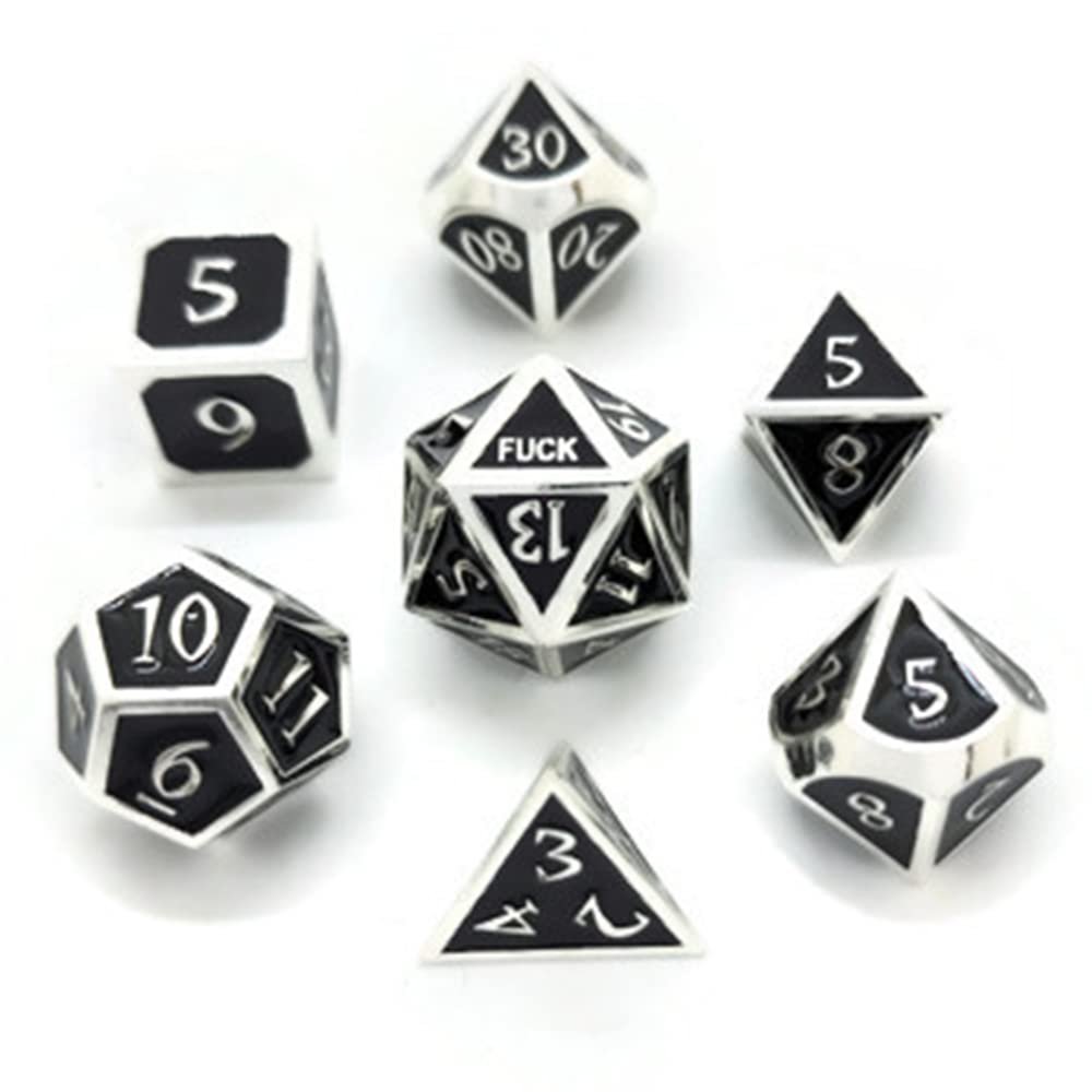 Metal D20 F Dice Critical Fail F 20 Sided Die Set DND Number Role Playing Game Dungeons and Dragons D&D Black Gunmetal Silver Red Blue Gold Copper Purple Green Pink White (Full Set, Black and Silver)