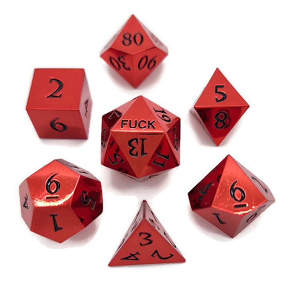 Metal D20 F Dice Critical Fail 20 Sided Die Set DND Number Role Playing Game Dungeons and Dragons D&D Black Gunmetal Silver Red Blue Rainbow Gold Copper Purple Green Pink White (Full Set, Red)