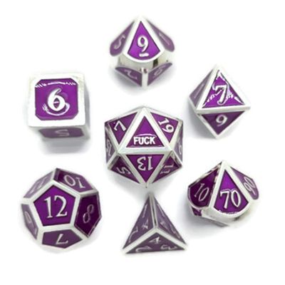 Metal D20 F Dice Critical Fail F 20 Sided Die Set DND Number Role Playing Game Dungeons and Dragons D&D Black Silver Red Blue Gold Copper Purple Green Pink White (Full Set, Purple and Silver)
