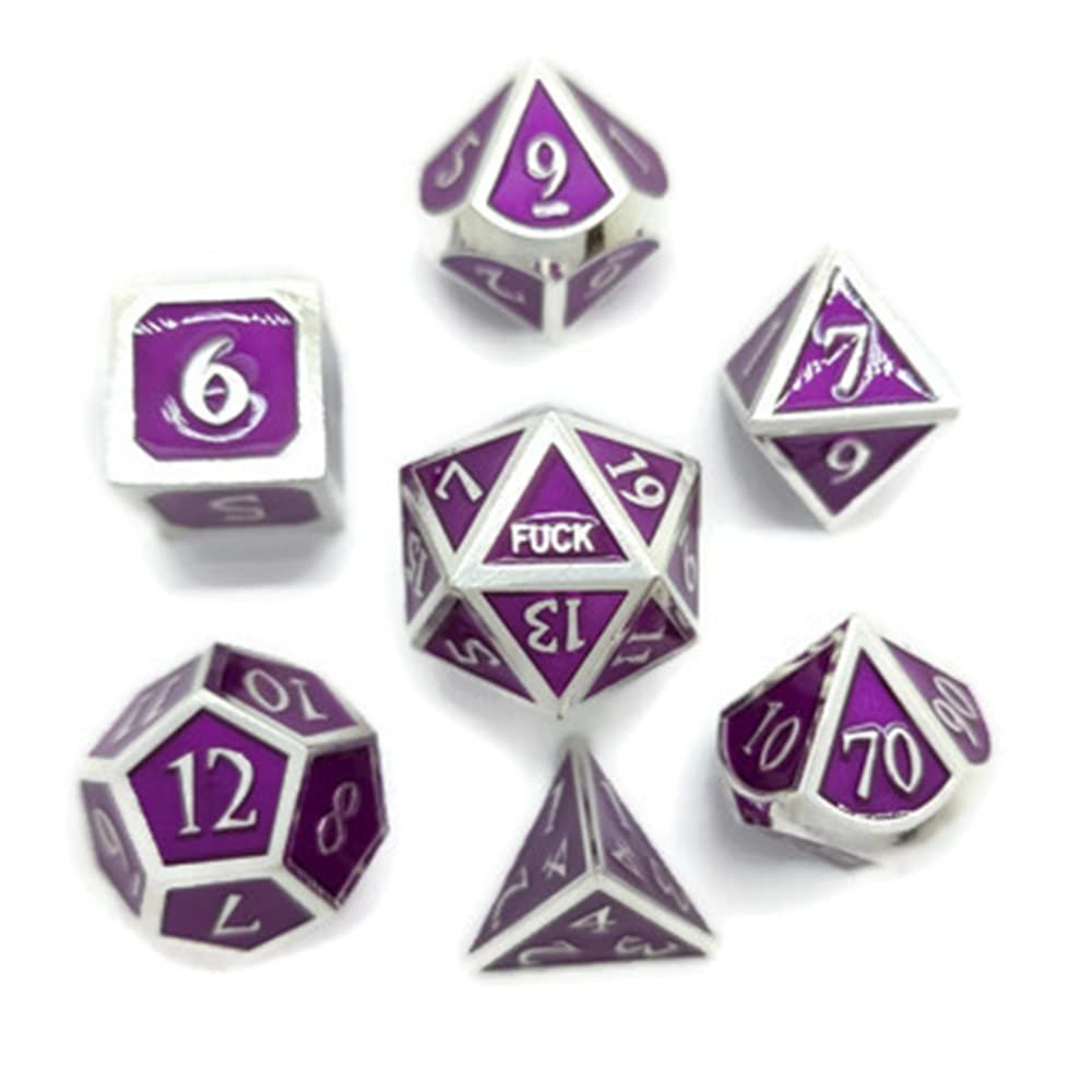 Metal D20 F Dice Critical Fail F 20 Sided Die Set DND Number Role Playing Game Dungeons and Dragons D&D Black Silver Red Blue Gold Copper Purple Green Pink White (Full Set, Purple and Silver)