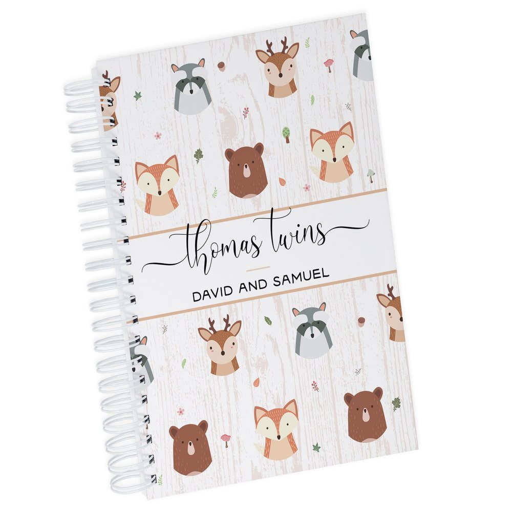 Personalized Twin Baby Memory Book - Hardcover First Year Album Customized with Babies Names - Prompted Baby Journal (Forest Friends)