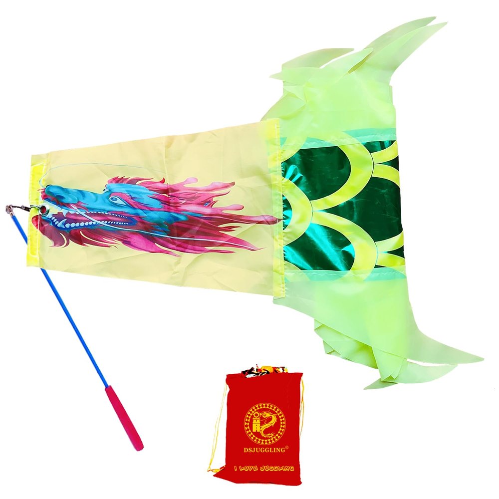 DSJUGGLING 3 Meters (9.8 FT) Golden Scale Dragon Poi, Outdoor Flinging Fitness Dragon Dance 3D Rainbow Color Dragon Ribbon Streamer with Fiberglass Handstick + Travel Bag! (Golden Green Dragon)