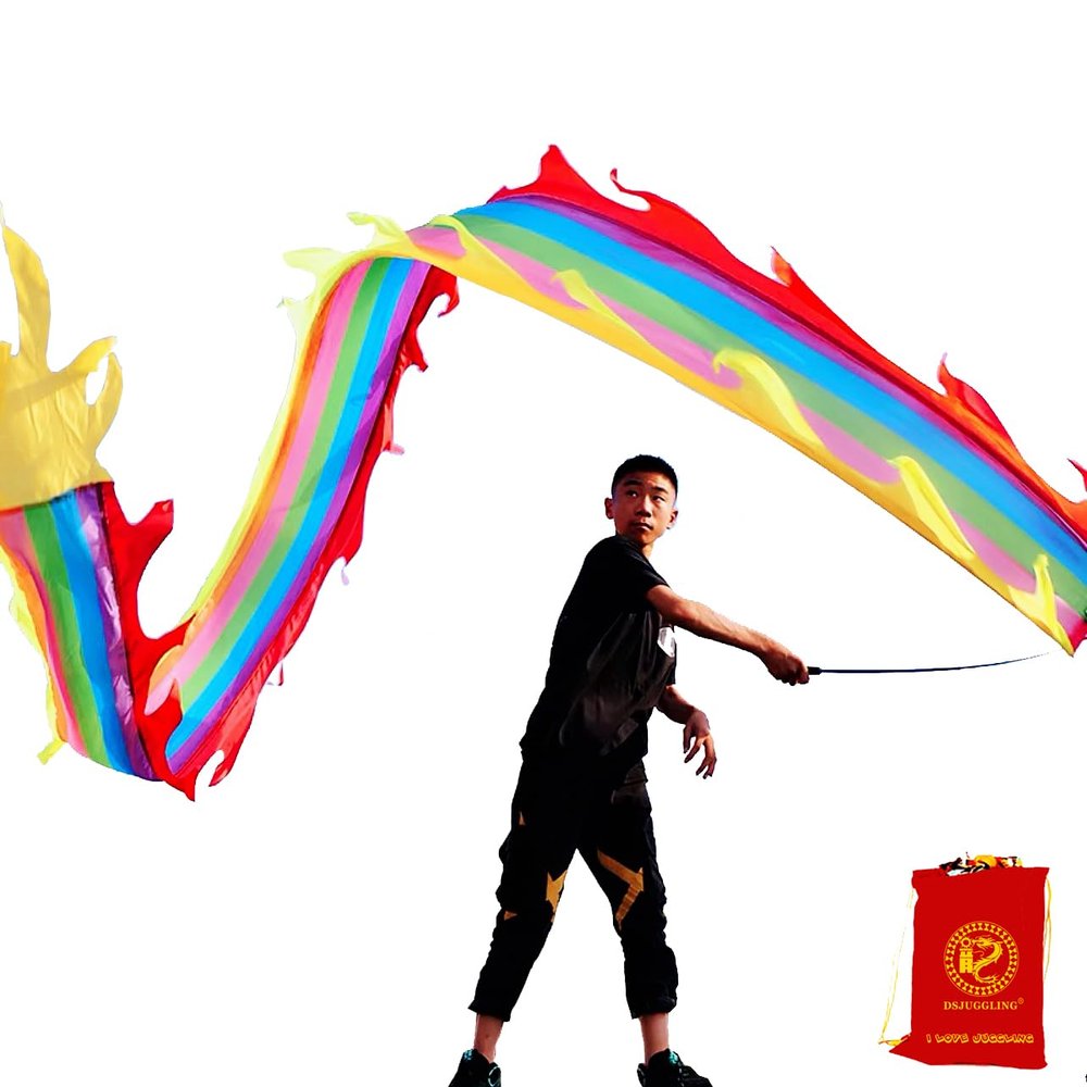 DSJUGGLING 3 Meters (9.8 FT) Golden Scale Dragon Poi, Outdoor Flinging Fitness Dragon Dance 3D Rainbow Color Dragon Ribbon Streamer with Fiberglass Handstick + Travel Bag! (Rainbow Dragon)