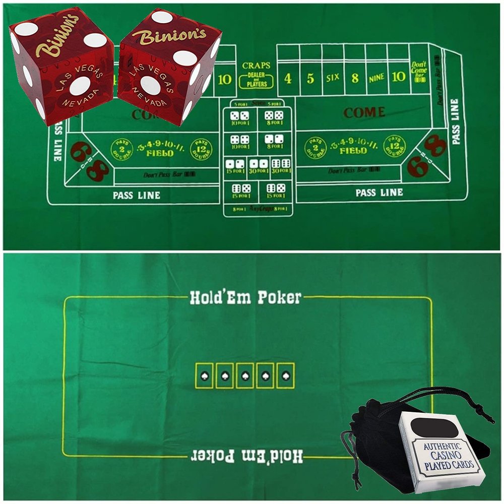Cyber-Deals Craps & Texas Hold'em Poker Essentials Set: Binion's Casino Table-Played Dice (Dark Red Polished), Las Vegas Strip Playing Cards, Storage Pouch Plus Reversible 6ft x 3ft Felt Layout, blue