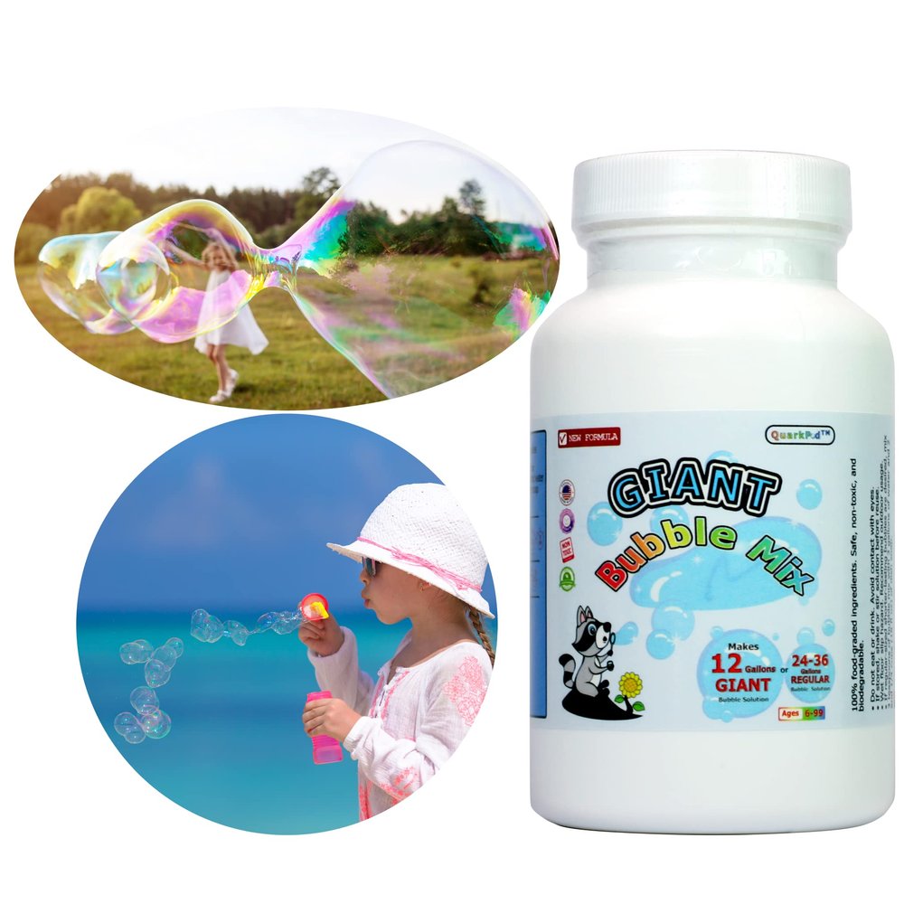 QuarkPod Giant Bubble Mix  Make 12-36 Gallon Bulk Bubbles Refill Solution | Strong Long Lasting | Made in USA | Non Toxic Bubbles for Kids and Pets | New Formula | for Any Bubble Machine (Bottle)