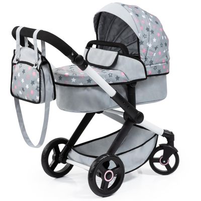 Bayer Design Dolls: Pram Xeo - Grey, Pink, Stars - Includes Shoulder Bag, Fits Dolls Up to 18', Convertible to A Pushchair, Adjustable Handle & Swivel Front Wheels, Accessory for -Plush Toys, Ages 3+
