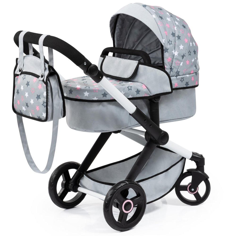 Bayer Design Dolls: Pram Xeo - Grey, Pink, Stars - Includes Shoulder Bag, Fits Dolls Up to 18', Convertible to A Pushchair, Adjustable Handle & Swivel Front Wheels, Accessory for -Plush Toys, Ages 3+