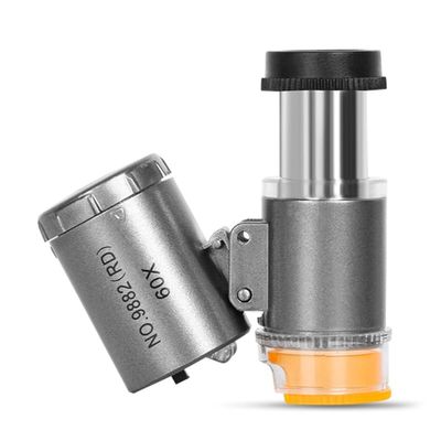 Microscope Accessories Kit 60X Mini Microscope Pocket Magnifier Loupe Glass with LED Light Microscope Slides (Color : Silver)