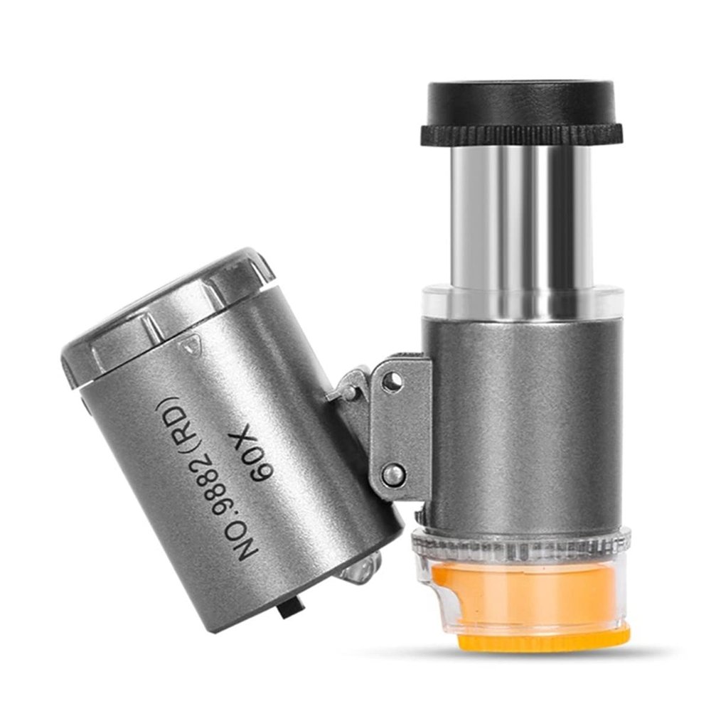 Microscope Accessories Kit 60X Mini Microscope Pocket Magnifier Loupe Glass with LED Light Microscope Slides (Color : Silver)