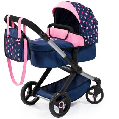 Bayer: Pram Xeo - Blue, Pink, Stars - Includes Shoulder Bag, Fits Dolls Up to 18", Convertible to A Pushchair, Adjustable Handle & Swivel
