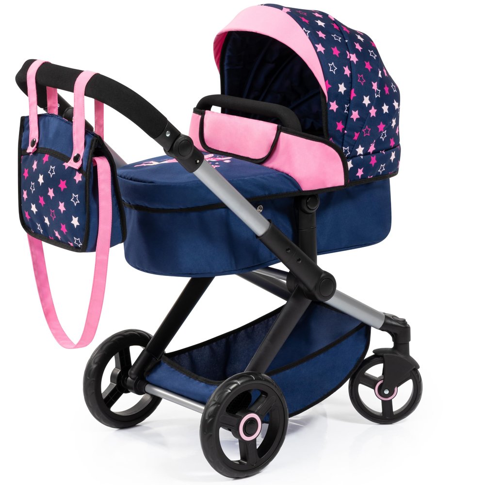 Bayer: Pram Xeo - Blue, Pink, Stars - Includes Shoulder Bag, Fits Dolls Up to 18", Convertible to A Pushchair, Adjustable Handle & Swivel