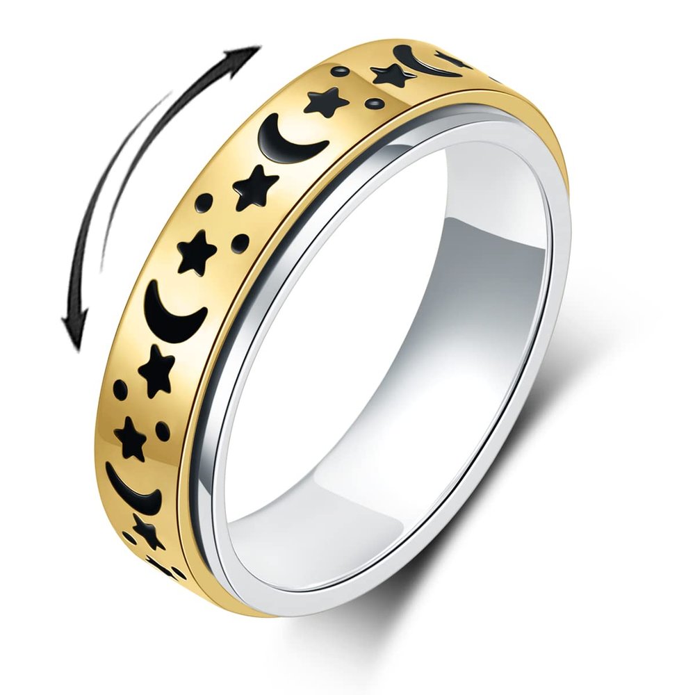 OreilleStar Anxiety Ring for Women Fidget Ring Spinner Thumb Ring Stainless Steel Gold Band Moon Star Fidget Rings for Women and Men